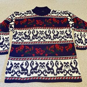 Spunky Vintage 80s 90s Winter Sweater Womens L  Roses Hearts USA Made Nordic